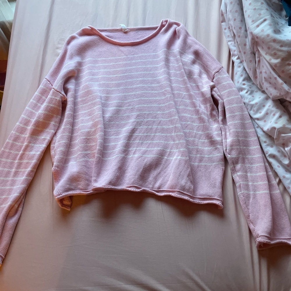 Wishlist Pink and White Striped Crew Neck Sweater